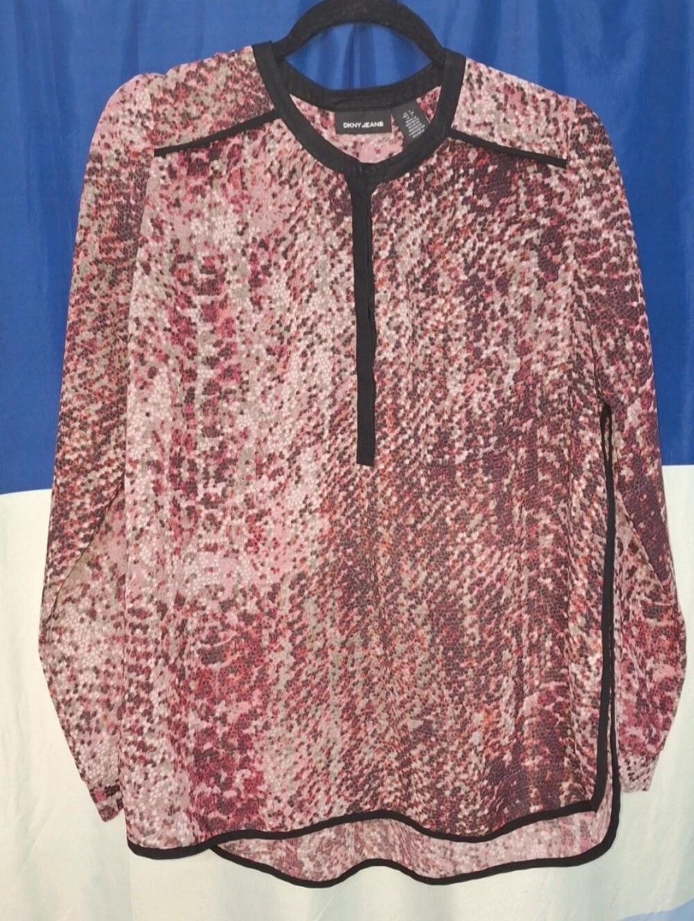 DKNY Pink and Black Patterned Long Sleeve Blouse